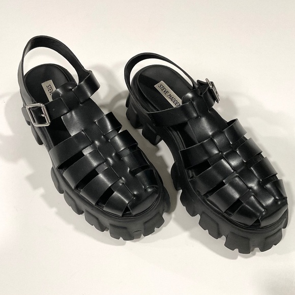 STEVE MADDEN Echo Black Round Toe Platform Fisherman Sandal Size 8.5 LIKE NEW - Picture 1 of 8